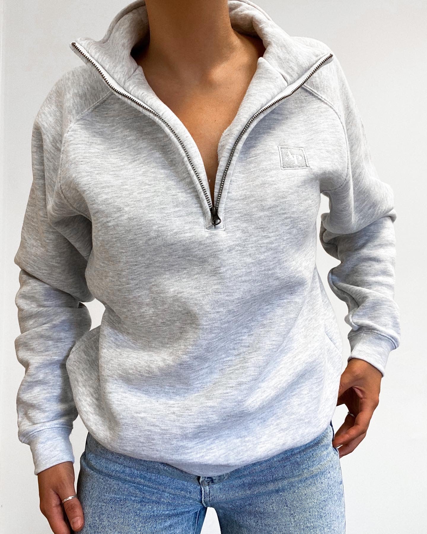 Embroidered Zip Neck Sweat - LUXE Travel Essentials - Grey